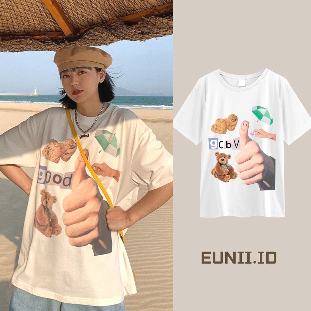 EUNII T-shirt Lengan Pendek Beruang Pencetakan Longgar Korean Style/Kaos Atasan Wanita/Baju Kaus Oversize Wanita