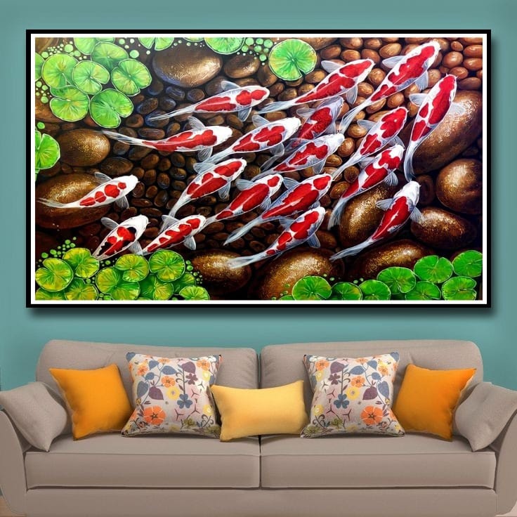 Lukisan Poster Ikan Koi hoki Fengshui 9 Jumbo 3 dimensi Xtra Besar Ukuran 70x50 cm 100x70cm 150x100c