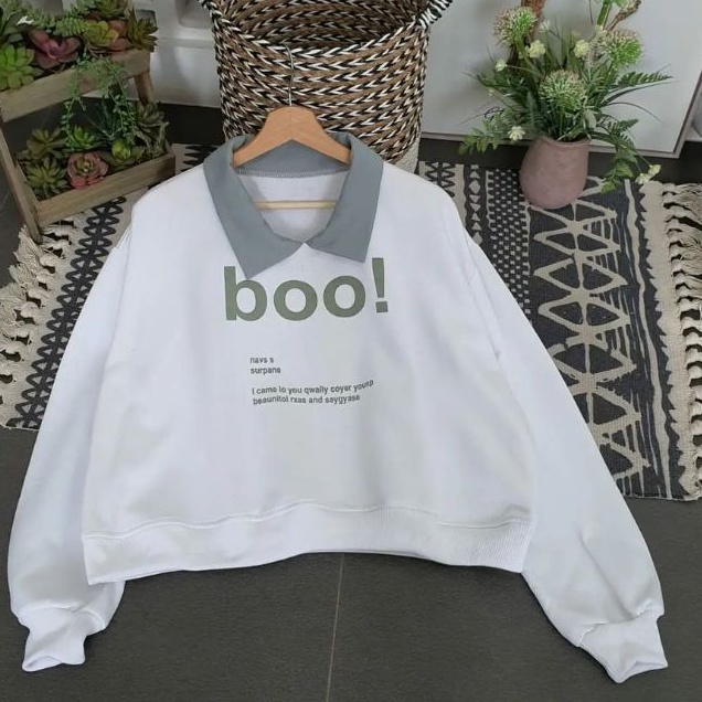 SWEATER KERAH OVERSIZE CROP TOP WANITA BOO | CREWNECK CROP OVERSIZE WANITA KOREAN STYLE | CROP WANIT