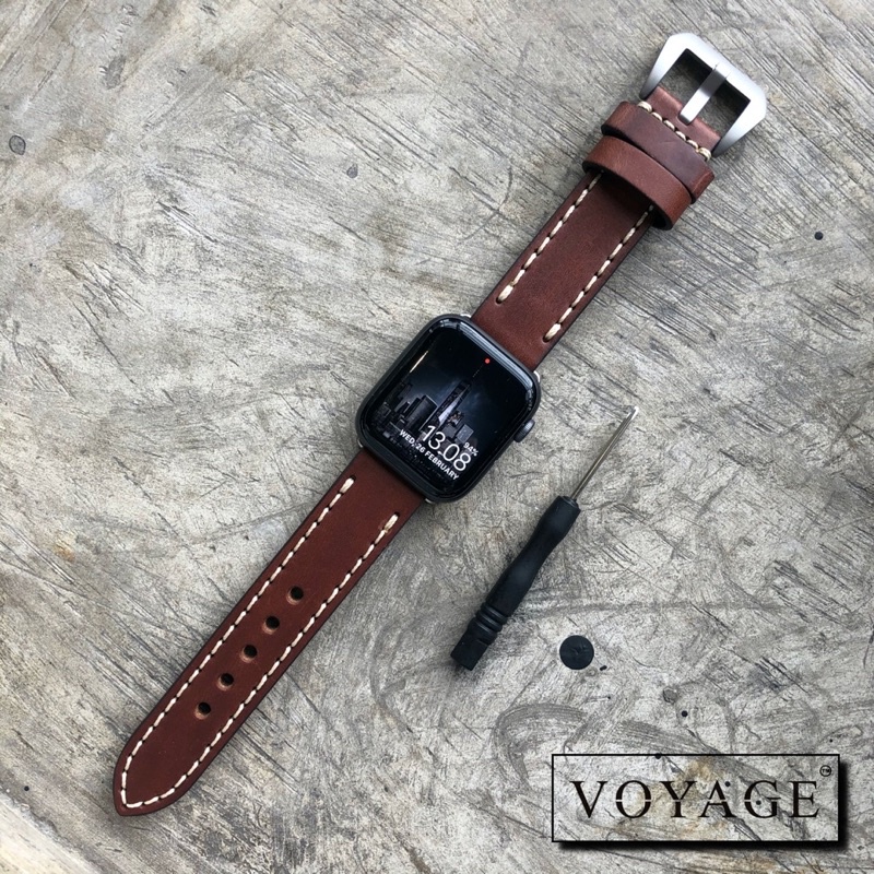 [KULIT ASLI] tali jam tangan 22mm leather cokelat strap ORIGINAL Voyage apple watch 3 4 6 7 series SE 38mm 44mm sapi galaxy watch 46mm calf