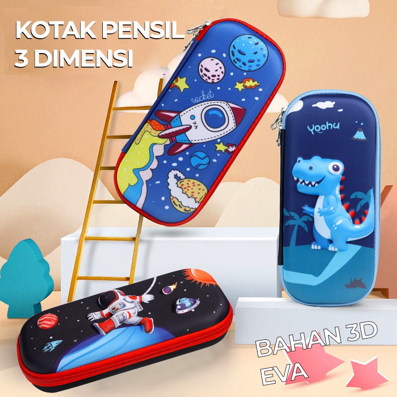 Kotak Pensil 3D Timbul EVA Anak Sekolah Premium Kuat Awet dan Murah Tempat Pencil 20cm Dino Astronot