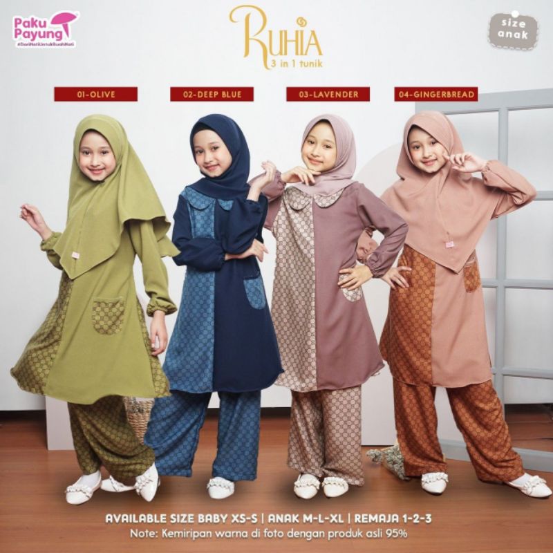 Setelan Tunik motif Ruhia Celana Panjang Set Hijab Syari Polos Usia 4-12 Tahun