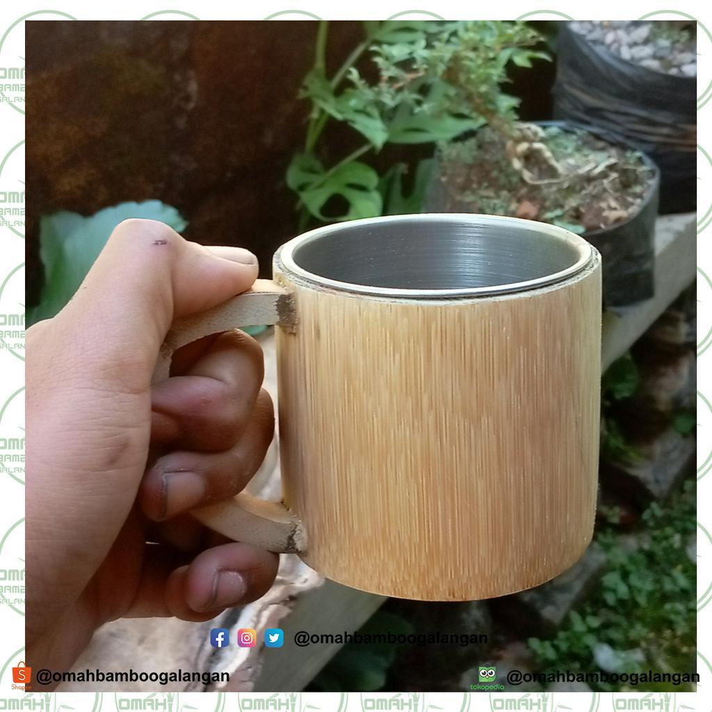 Gelas Bambu / Cangkir Bambu / Mug Stainless Cover Bambu Kapasitas 200 ml Pakai Gagang Mug Bambu Stai
