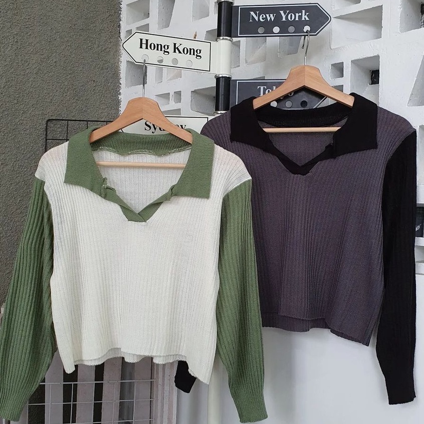 Outwear Crop Wanita Belle Collar Bahan Rajut Ala Korean Style