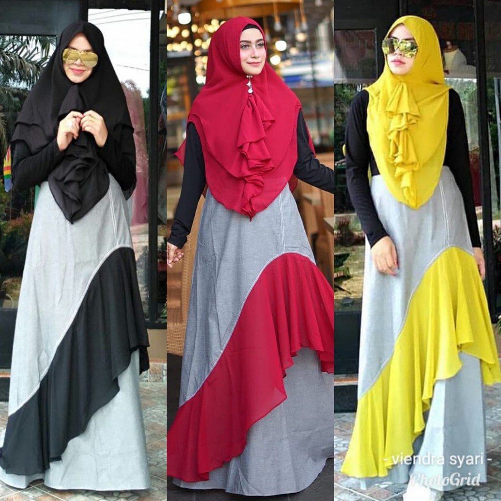 GAMIS AZQIA SET JILBAB LIME MARUN HITAM DENIM OXFORD COMBI CERUTI LD 106 CM PANJANG 143 CM