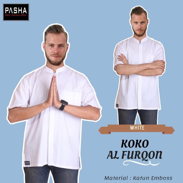 Fashion Muslim - Atasan - Baju Koko Pasha Koko Al Furqon Putih, Hitam Katun Elegan S-M, L-Xl, Xxl-