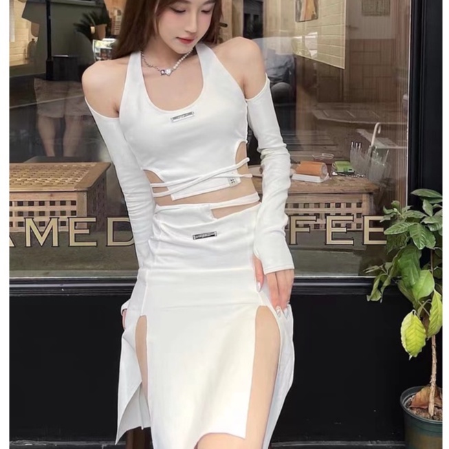 【Moon Blush】Korean Original Design Tie Back Halter Top &amp; Split Thigh Skirt Set 2376 (S/M/L)