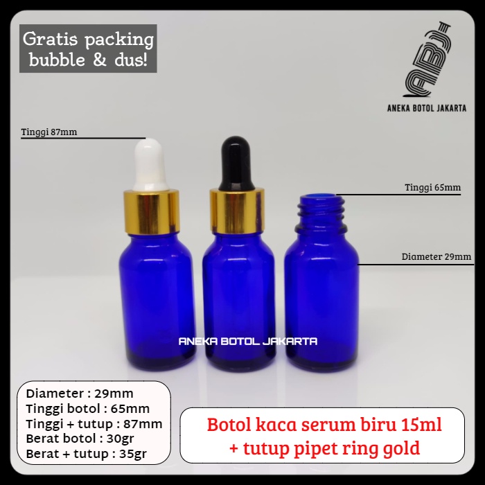 Botol kaca serum biru 15ml pipet tetes ring gold