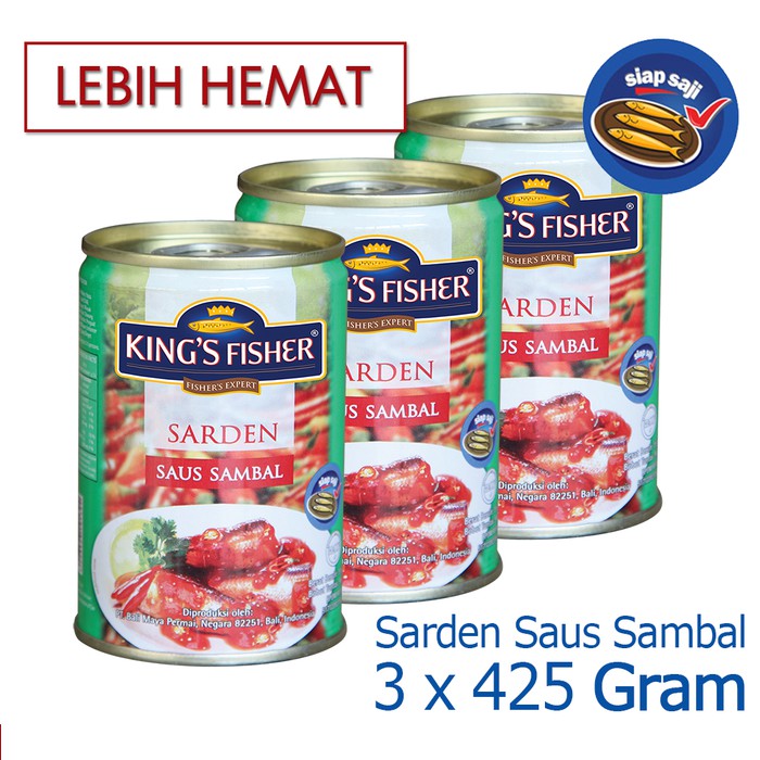 

King's Fisher Paket 3 pcs Sarden saus sambal 425g Makanan Kaleng kings fisher