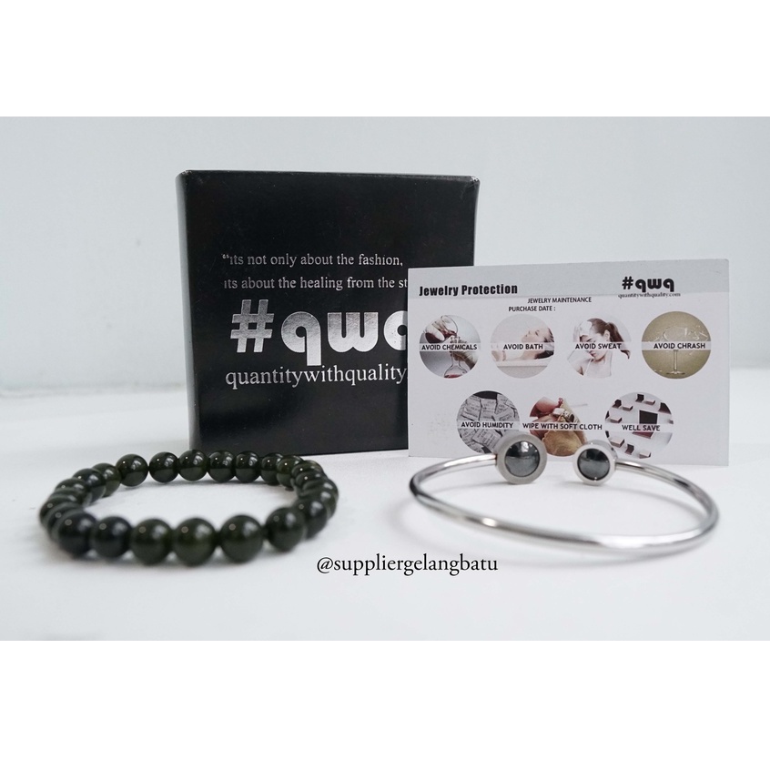 BLACK JADE dan BULAT DUA MATA gelang batu + titanium natural SWAROVSKI