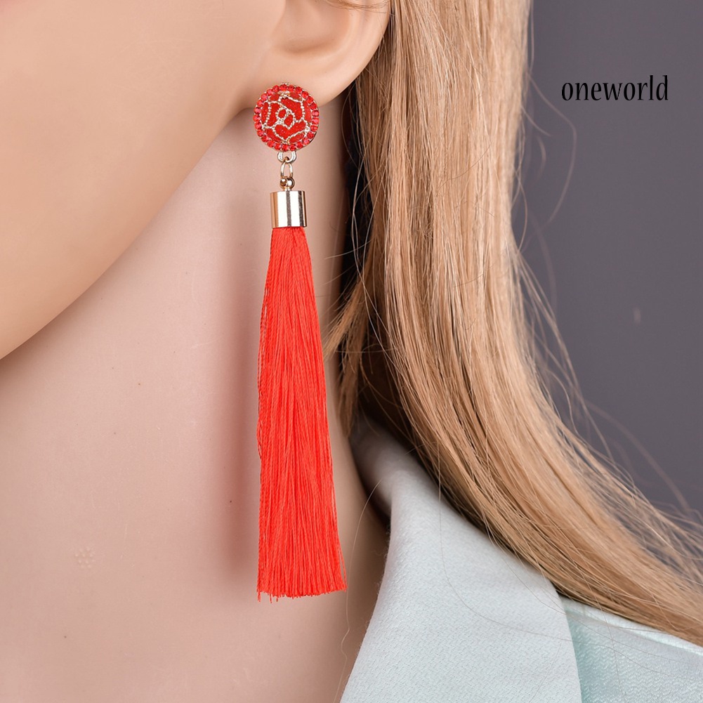 OW@ Bohemian Ethnic Flower Long Tassel Dangle Statement Earrings Women Jewelry Gift