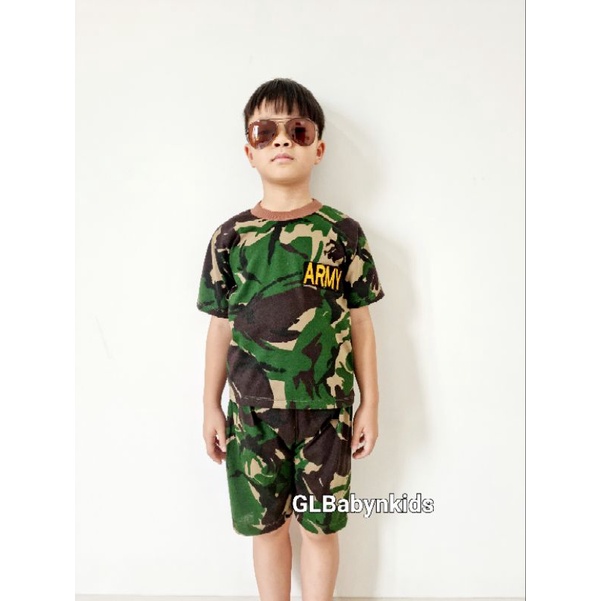 Setelan Pendek Kaos Oblong Anak Cowok Laki laki Motif Army Tentara SNI [Ecer]