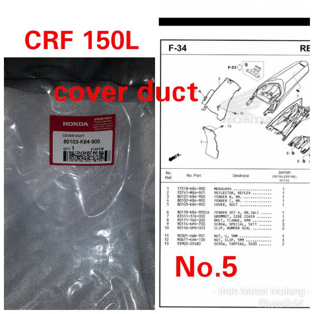 Cover Duct / Pelindung Lumpur [80103-K84-900] CRF 150L Original AHM Genuine Part