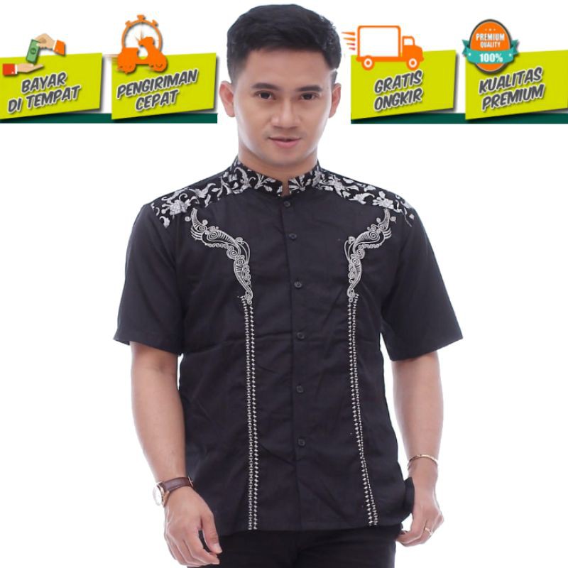 Baju koko Bordir Murah Kemeja Koko Lengan pendek kombinasi Hitam Terlaris