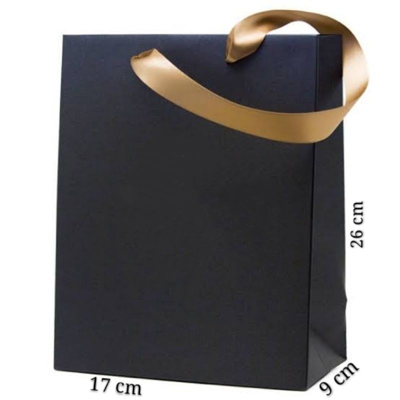 

PREMIUM PAPERBAG SUPER BLACK TALI JINJING GOLD RIBBON . 17 X 9 X 26 cm