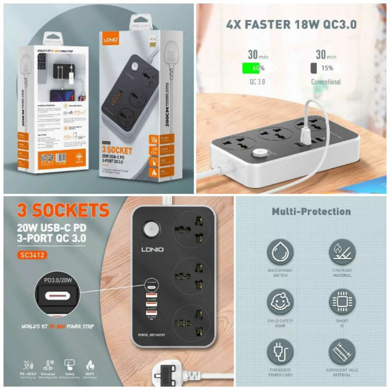 TERMINAL LDNIO SC3412 3 SOKET POWER 3 USB 20W PD3.0 QUALCOMM 3.0 FAST CHARGING COLOKAN