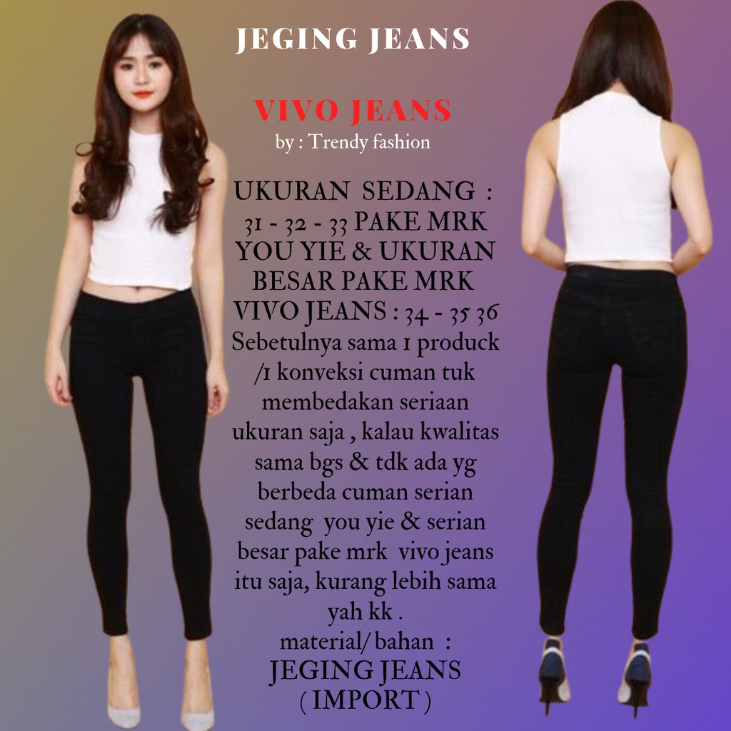 Vivo jeans celana panjang wanita jeging jeans full pingang Karet besar & kecil original hitam