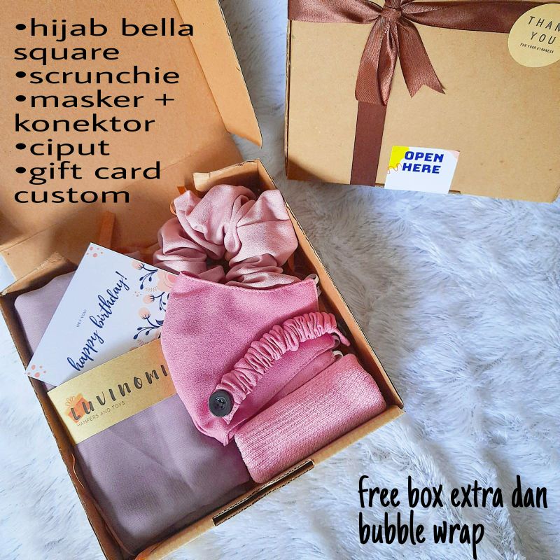 hampers hijab segi empat hadiah ultah wedding wisuda dll