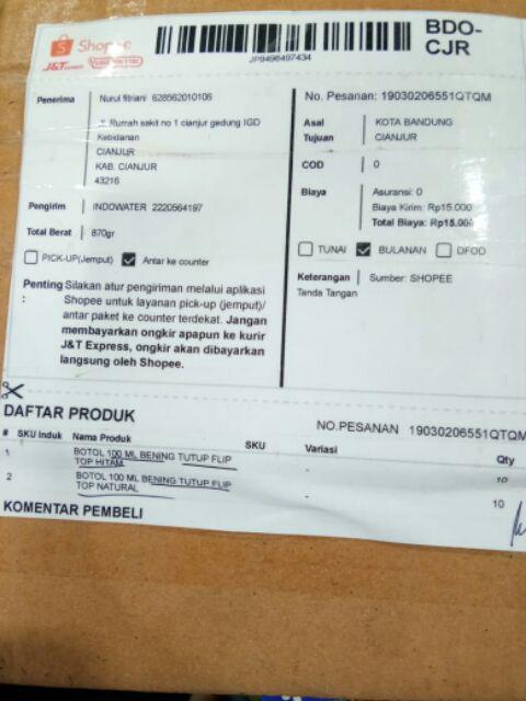 Botol 100 Ml Bening Tutup Flip Top Hitam Minimal 25 Pcs