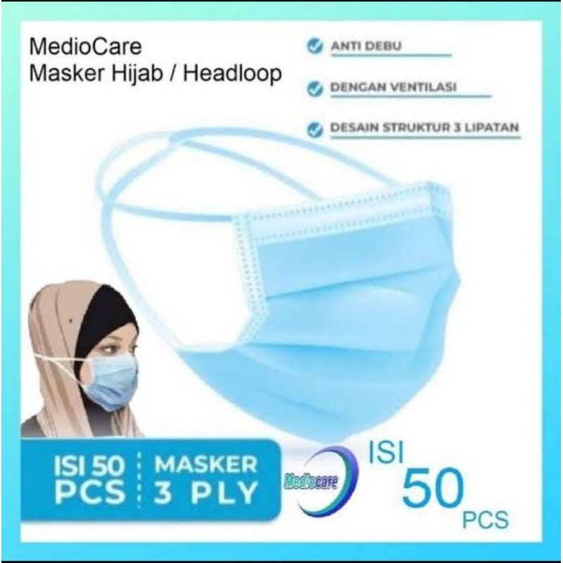 MASKER HIJAB 3PLY 1Dos 50pcs MASK 3PLY HEADLOOP