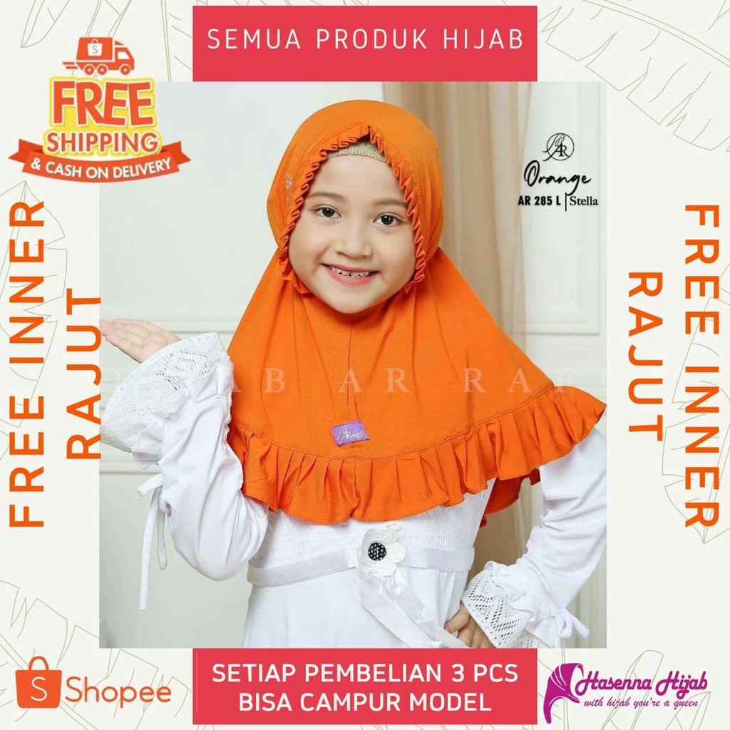 Jilbab Arrafi Hijab Anak Kids Terbaru AR 285 L Polos Rampel Tali Belakang Senna Store
