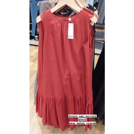 JASTIP UNIQLO ORIGINAL NEW Gaun Panjang Katun Tiered Long Dress Tanpa Lengan