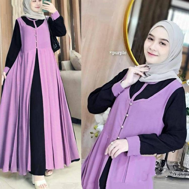 Baju Gamis wanita Len Terbaru 2022 ko Set Bahan Ceruty motif polos M L XL   R MAXY gamis sifon melay