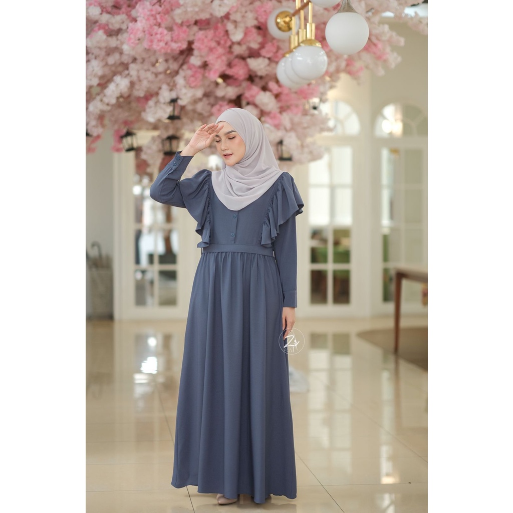 dress Liya klarissa viona ori zr gamis lebaran itycrepe polos plus outhe rempel bahu modis trend selebgram busana muslim wanita terkini-stone