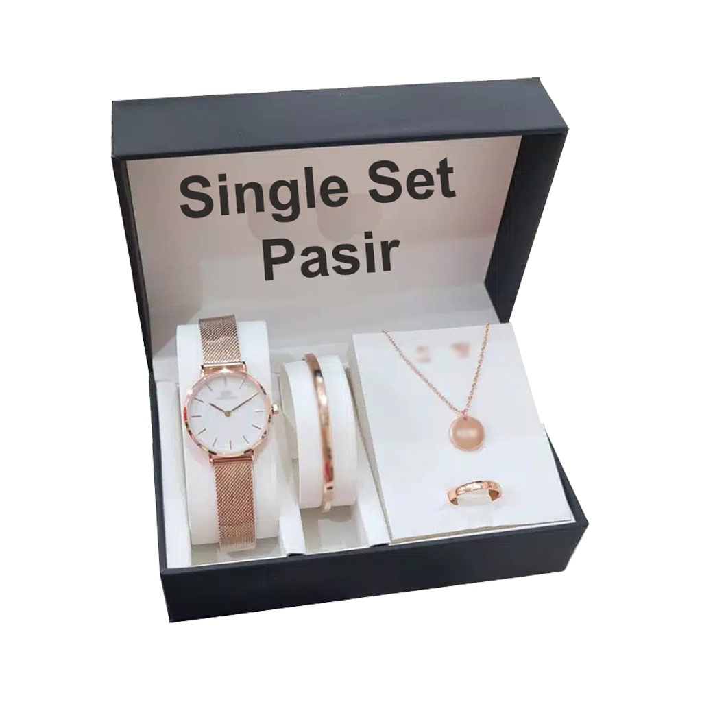 TERLARIS!! Jam Tangan Couple/Single Kulit/Rantai Pasir Paket Aksesoris Box Exclusive dan Paperbag D1456W Analog Tali Kulit