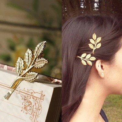 ★ODS★  Jepit Rambut FA61 Model Daun Warna Gold Gaya Korea Retro untuk Wanita