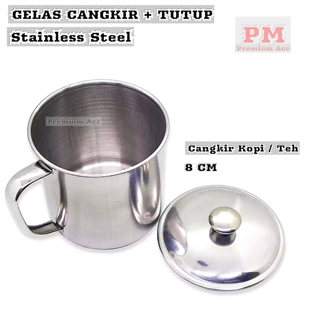 TERMURAH [ 8 CM ] Gelas Kopi Stainless + Tutup - Gelas Mug Cangkir Peralatan Minum Kopi Dan Teh Tahan Panas - Gelas Cantelan Stainless Stell