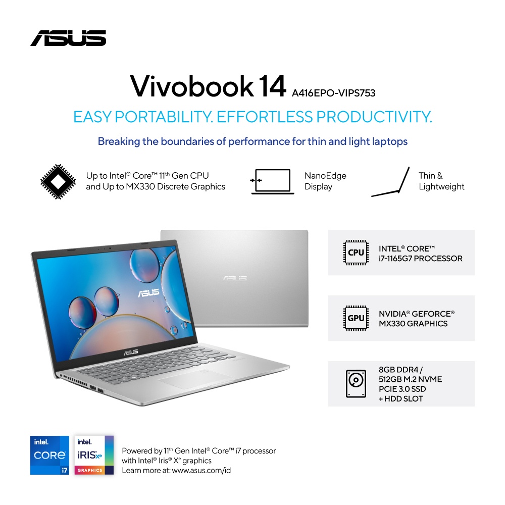 Laptop ASUS Vivobook 14 A416EPO-VIPS753|i7-1165G7/MX330/8GB/512GB