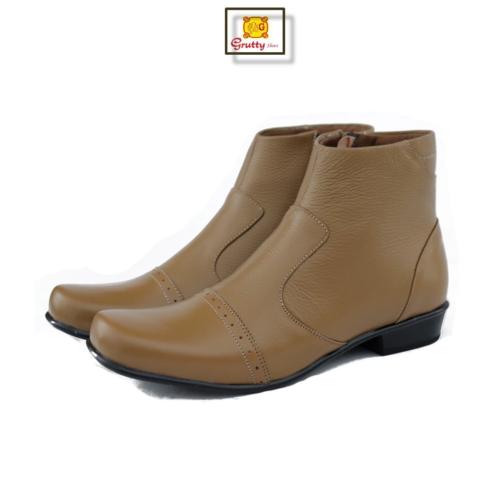 Sepatu boots wanita kulit pantofel kerja wanita Grutty DD203 Tan