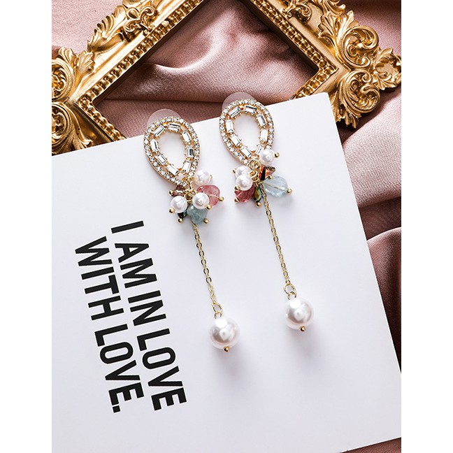 LRC Anting Tusuk Fashion Golden Pearl And Diamond Drop Fringe Earrings D71068