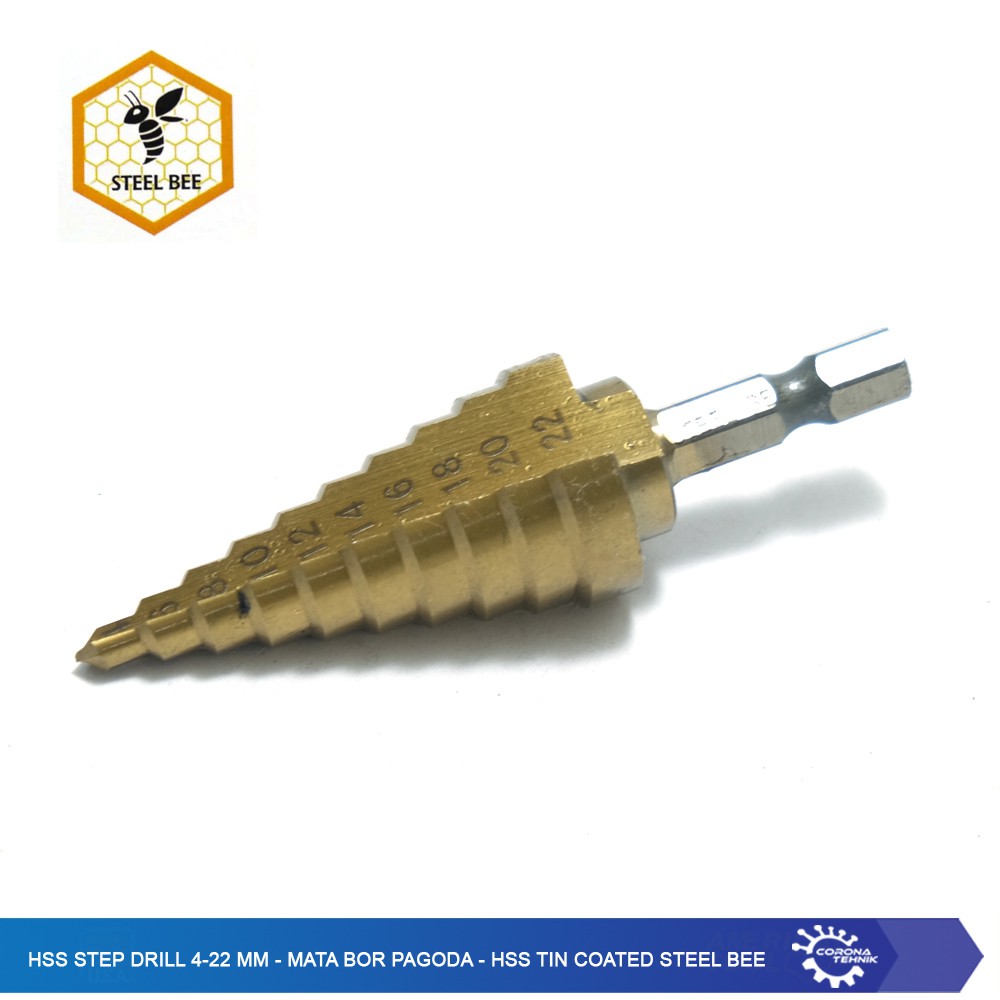 HSS Step Drill 4-22 mm - Mata Bor Pagoda - HSS Tin Coated Steel Bee