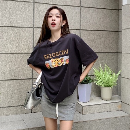 baju oversize wanita korean style cetakan binatang kaos hitam retro