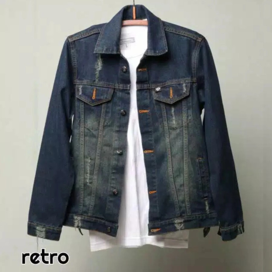 Warna BIRU TUA RETRO jaket jeans denim pria model sobek NO LABEL bisa COD bayar dirumah