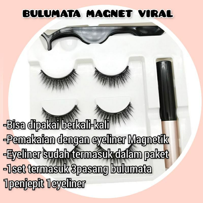 Bulu mata MAGNET 3 Pasang set Eyeliner &amp; Alat pemasang (1 set isi 3 model bulu mata)