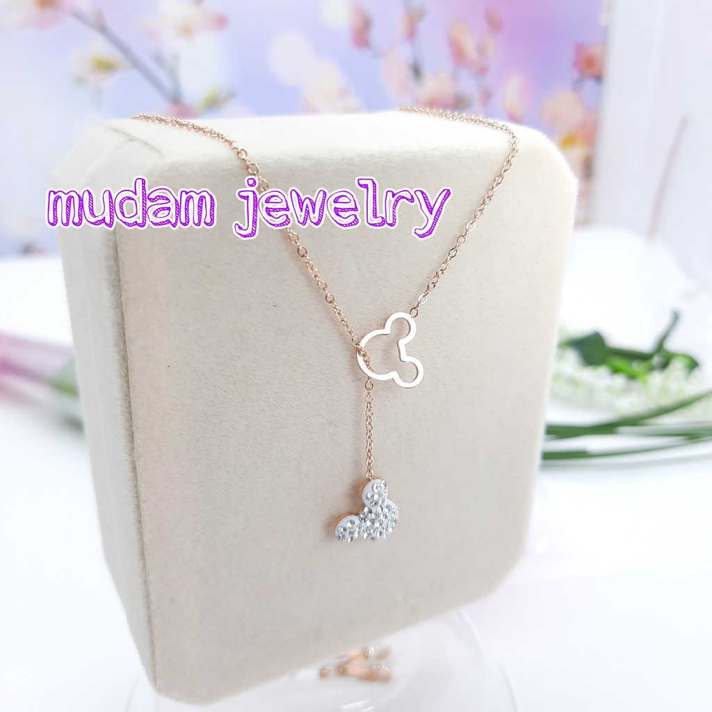 Kalung Titanium Karakter Two Mouse Dengan Kristal Artificial Warna Rose Gold dan Gold