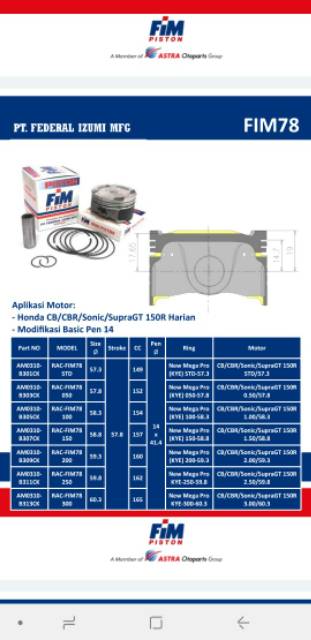 Piston seher set cb cbr sonic 150 supra gt 150 r std 50 100 150 200 250 300 pin 14 fim 78-4