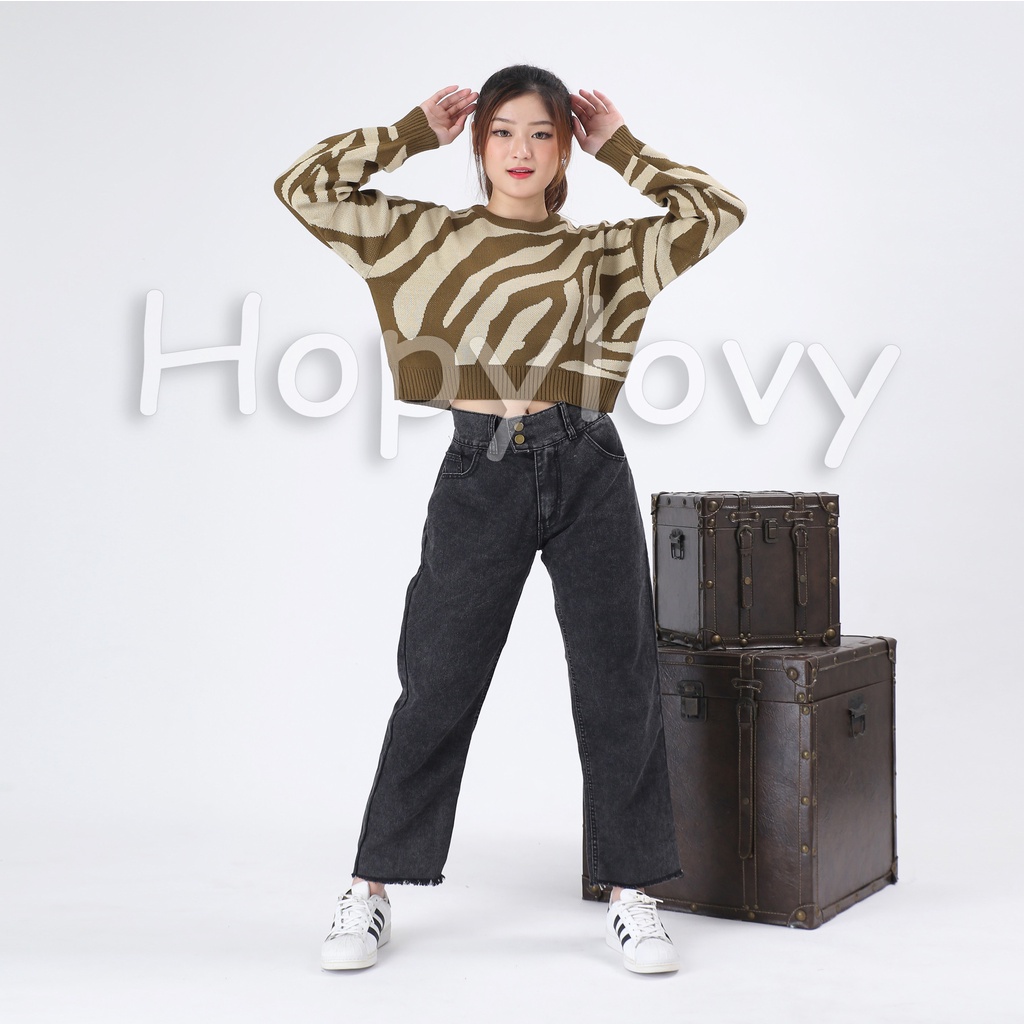 HOPYLOVY - Celana Panjang Boyfriend Jeans Wanita Highwaist Jeans Rawis Alecia