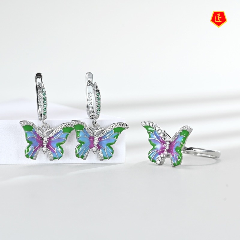 [Ready Stock]Rainbow Color Butterfly Ring Enamel Earrings Pendant Set