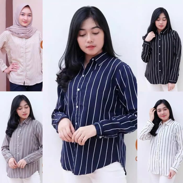 Atasan Kemeja Wanita Lengan Panjang Terbaru Monalisa Motif Garis Salur FIA.Collection-Hitam