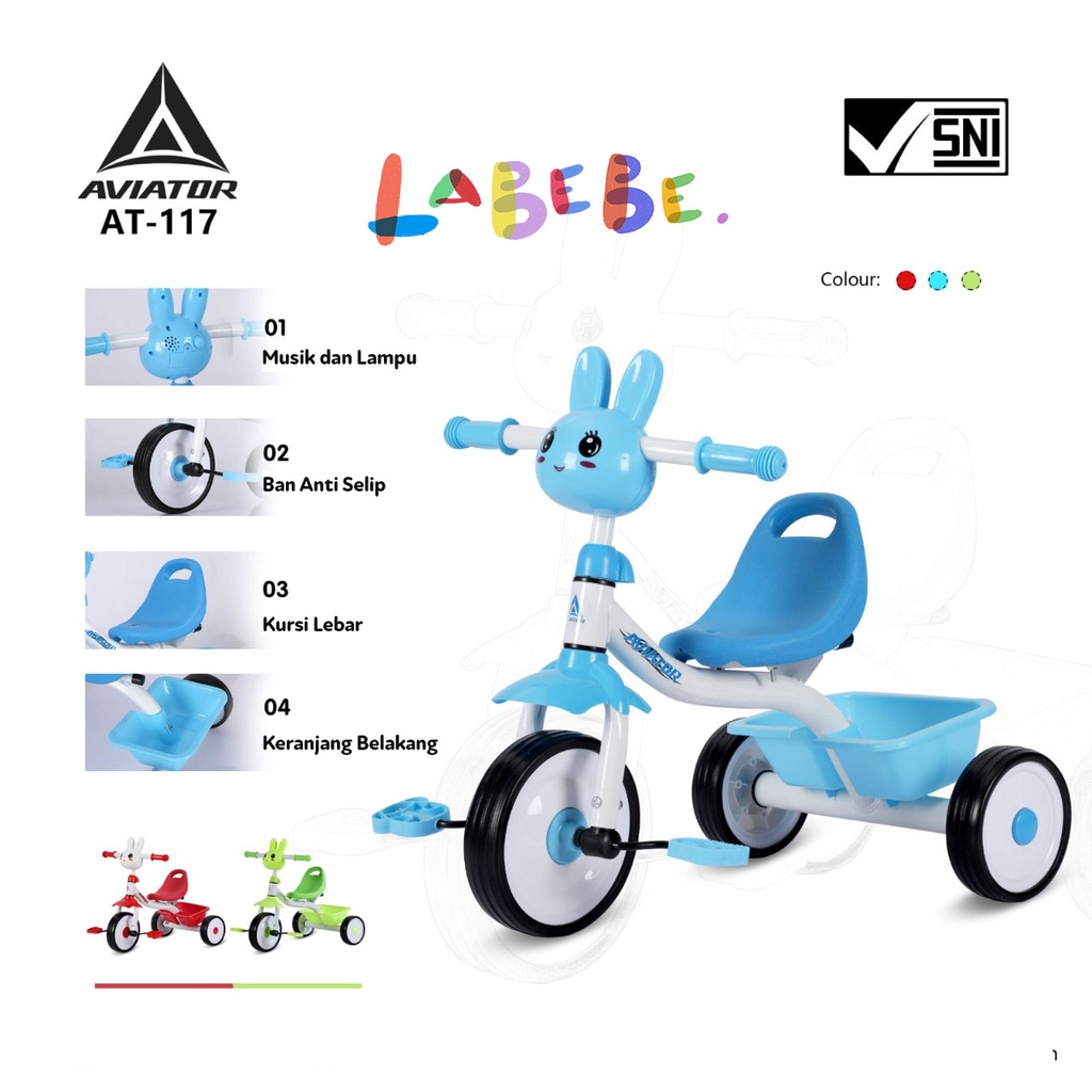Aviator AT-117 Sepeda Roda Tiga Tricycle Dengan Musik dan Lampu Karakter Kelinci