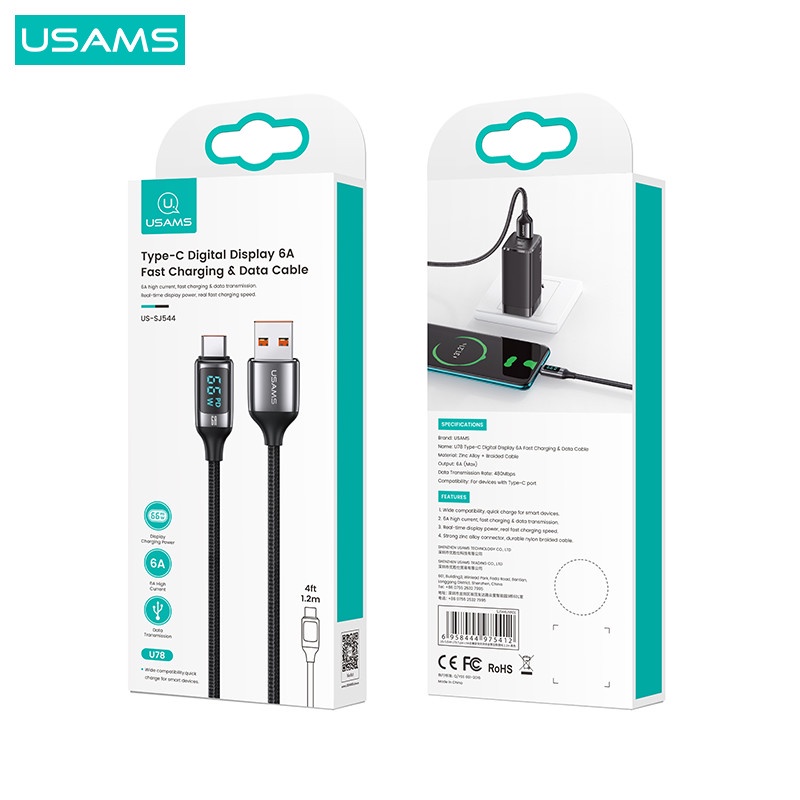 USAMS U78 Kabel Data Fast Charging 6A/66W Type C Digital Display