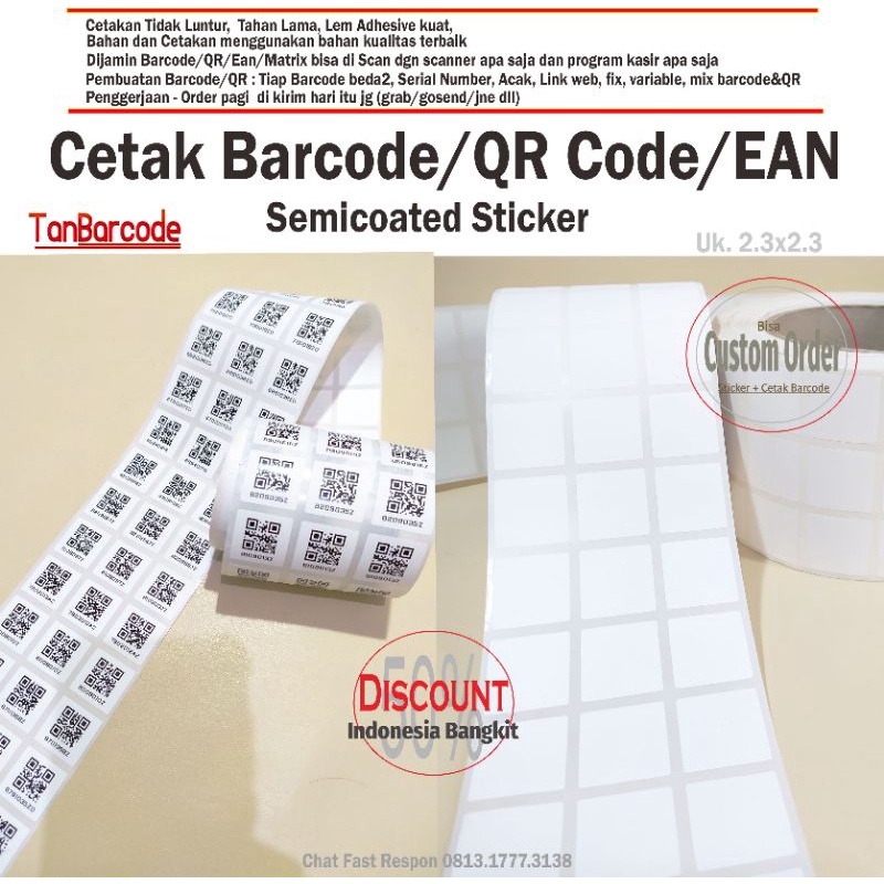 

sticker cetak barcode/qr/ean semicoated 2.3x2.3 tanbarcode