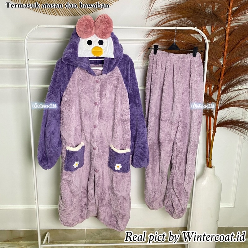 Pajamas set import korea piyama wanita oversized baju tidur big size onesie purple duck bow jumbo hangat winter