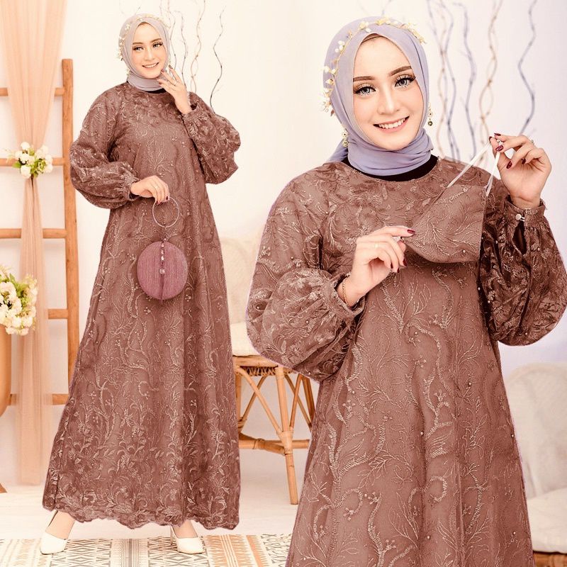 (NEW) MIRUA - Baju Gamis FREE Masker Brukat Brokat Remaja Wanita Perempuan Ibu Muslim Ukuran S M L XL XXL Jumbo Untuk Acara Pesta Kondangan Nikahan Seragaman Bridesmaid Lebaran Arisan Premium Warna COKLAT COKELAT MILO TUA