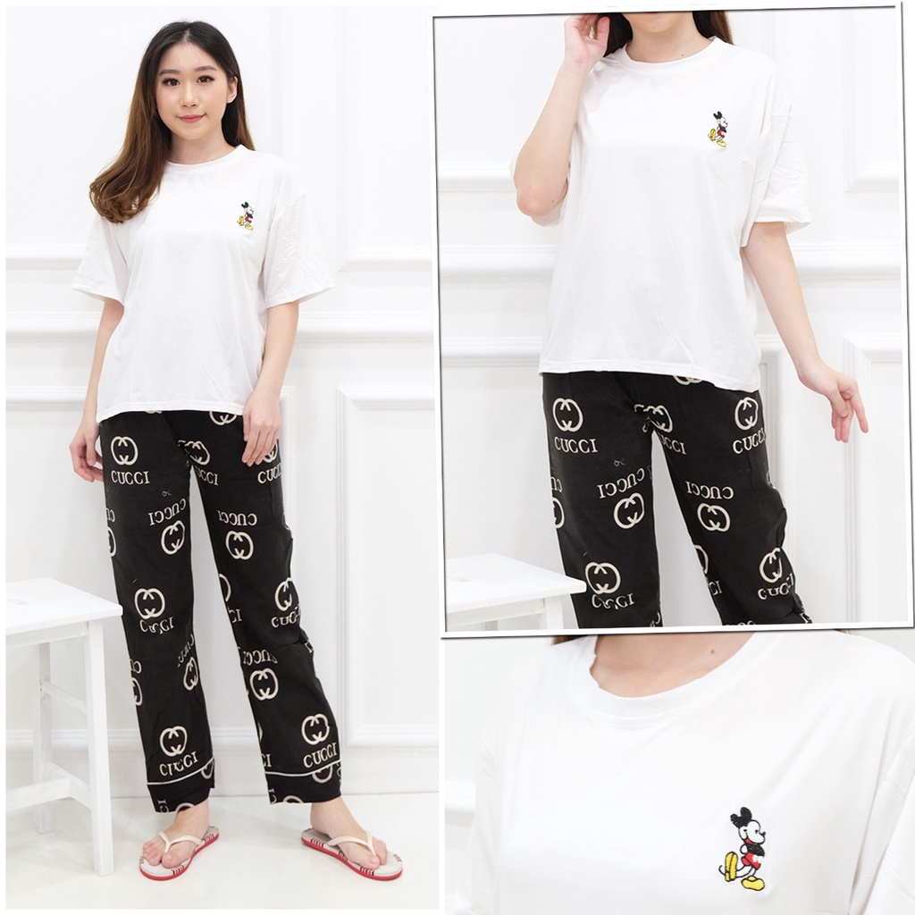 Piyama Baju Tidur Import Sleepwear Lengan Pendek Celana Panjang Polos Stelan Rumah Oversize Ice Silk-CP-Miky Polos Guci