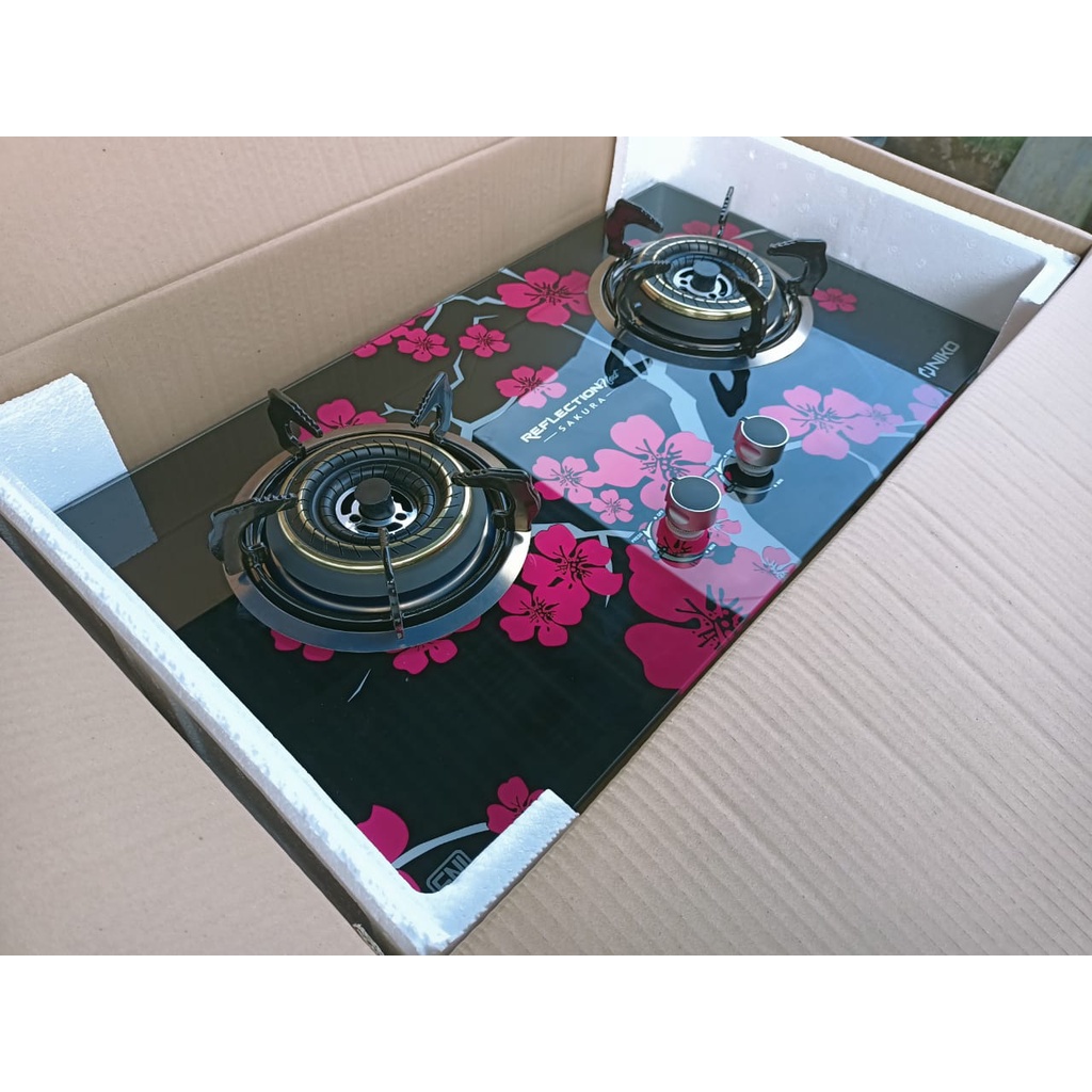 Kompor gas 2tungku NIKO Sakura kaca (tempered glass) tahan panas